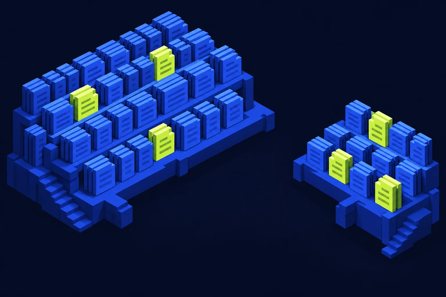 Separate groups of cobalt document tiles, with lime tiles representing selected and reviewed examples.