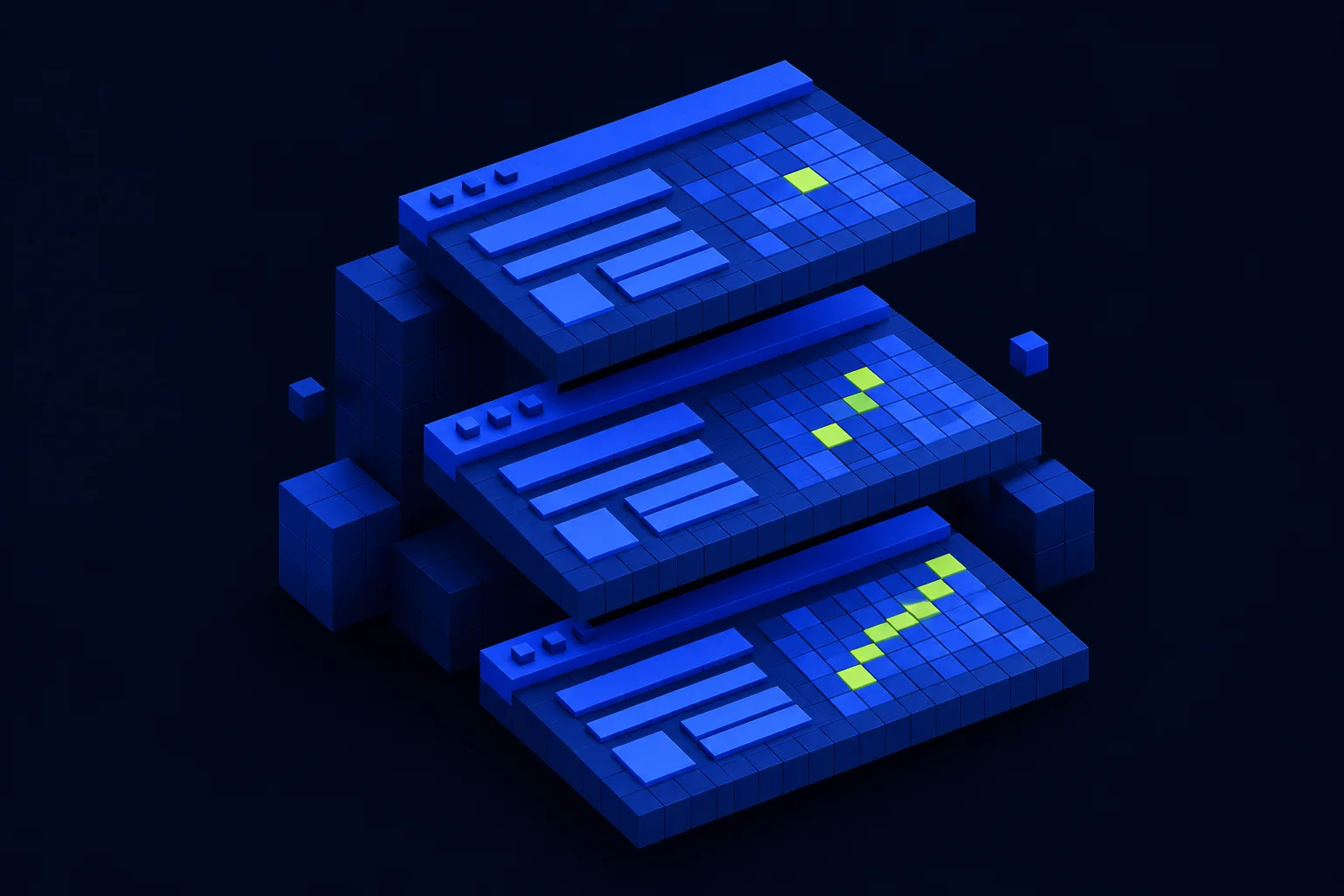 Cobalt observation tiles arranged across time with lime tiles highlighting a pattern.