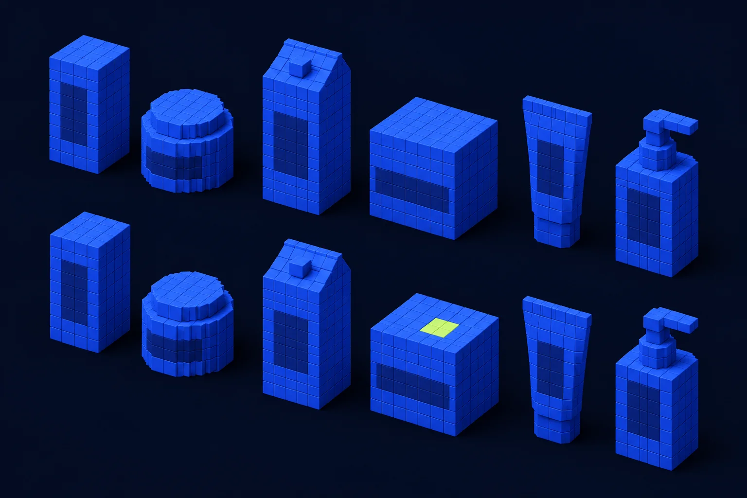 Parallel rows of matching blue product blocks with a lime tile marking a changed observation.