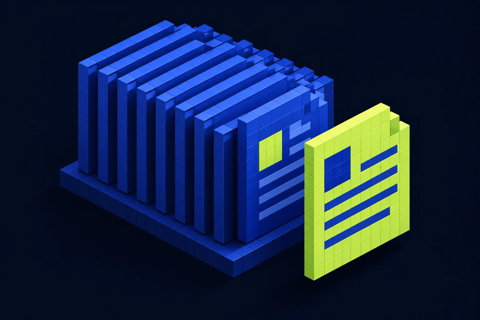 Layered cobalt documents with a highlighted lime page and matching source marker.